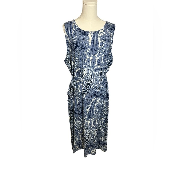 Chico’s Royal Oak Midi Dress Vanity Size 3 US XL Blue White Paisley Stretch - Picture 1 of 11
